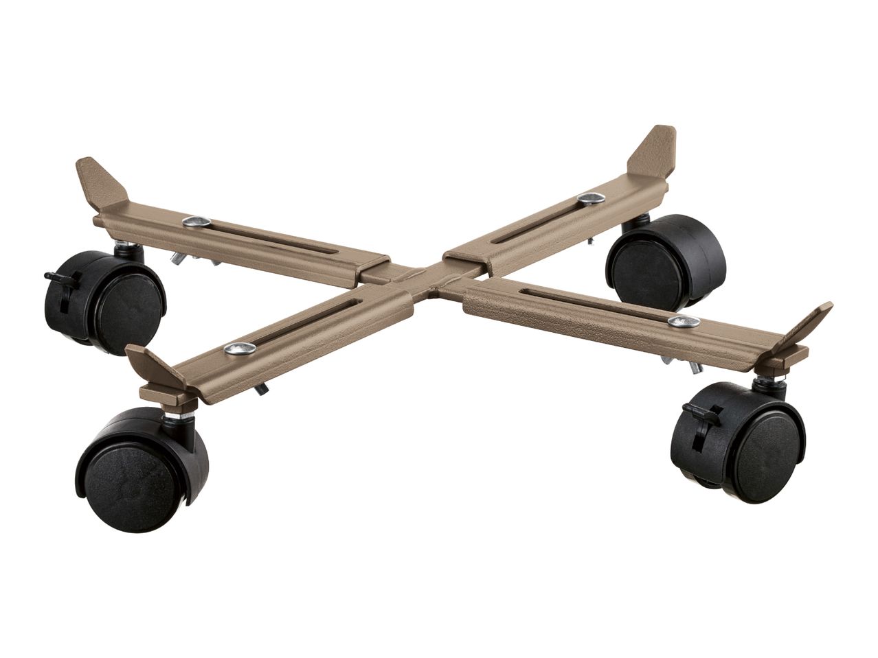 Adjustable brown metal plant caddy with four black caster wheels