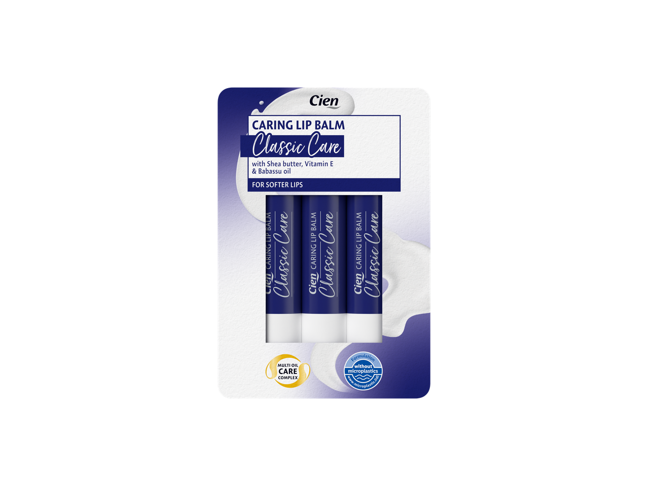 Balsamuri de buze Cien Classic Care, pachet cu trei, cu unt de shea, vitamina E și ulei de babassu.