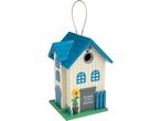 Decorative birdhouse in the shape of a house with a blue roof and 'home sweet home' text