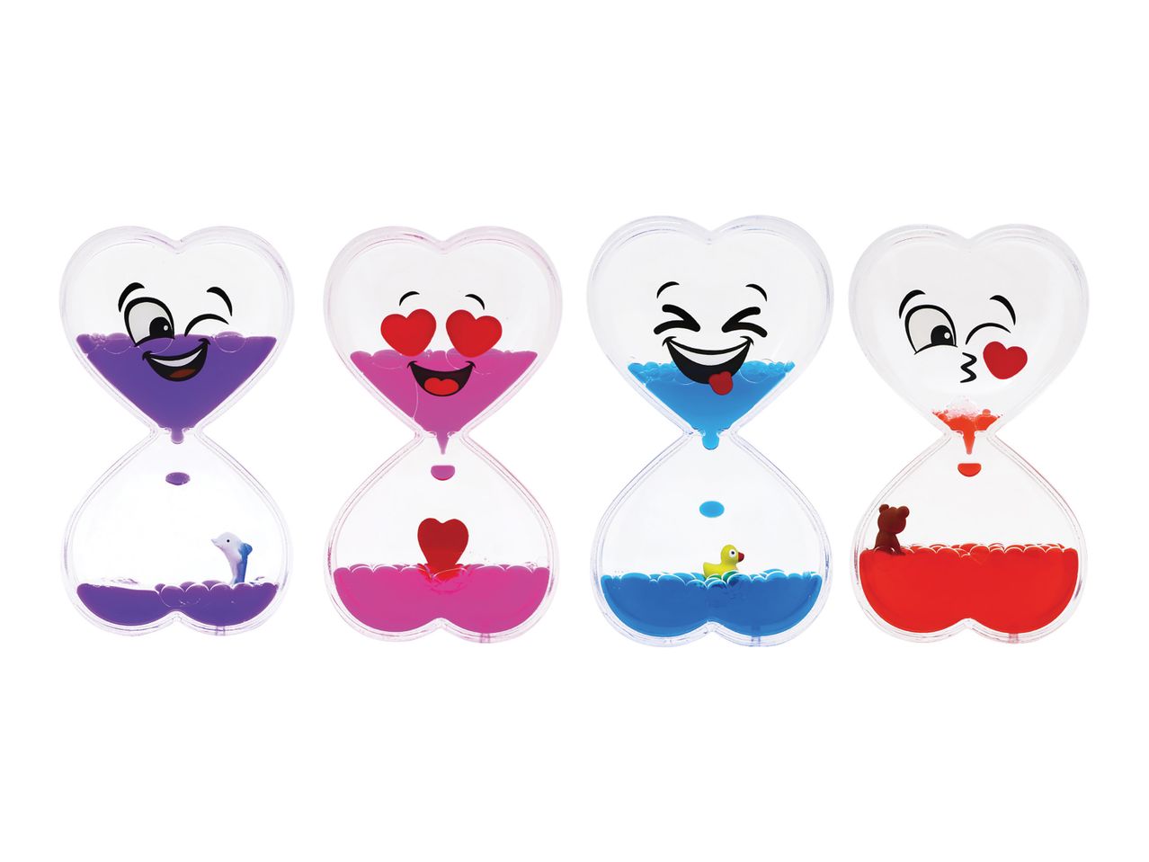 Four heart-shaped hourglass sand timers with cute emoticons.