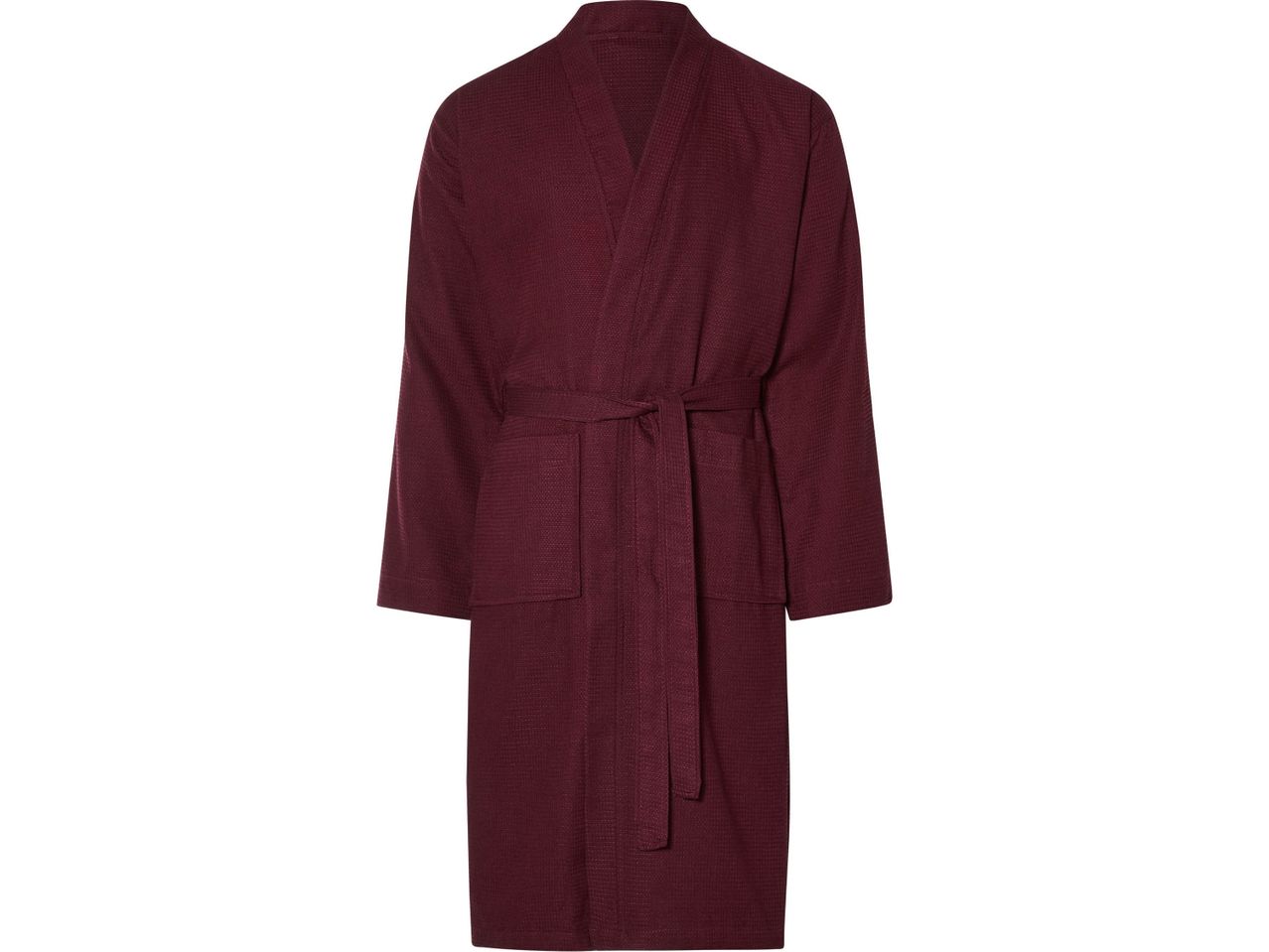 A burgundy waffle-knit bathrobe with a tie belt and pockets.