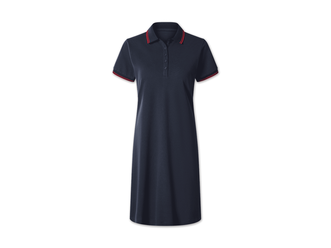 Dunkelblaues Polokleid mit kurzen Ärmeln und roten Streifen an Kragen und Ärmeln.