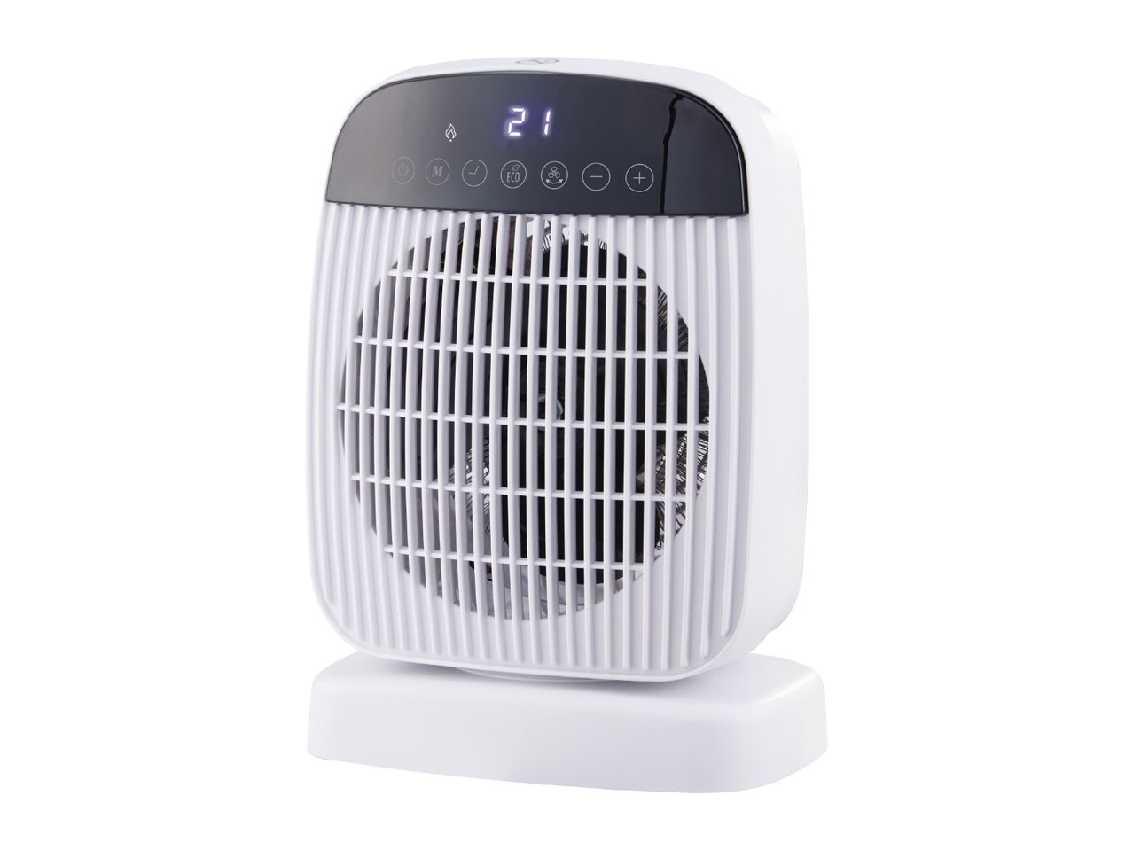White ceramic fan heater with digital display and touch control panel