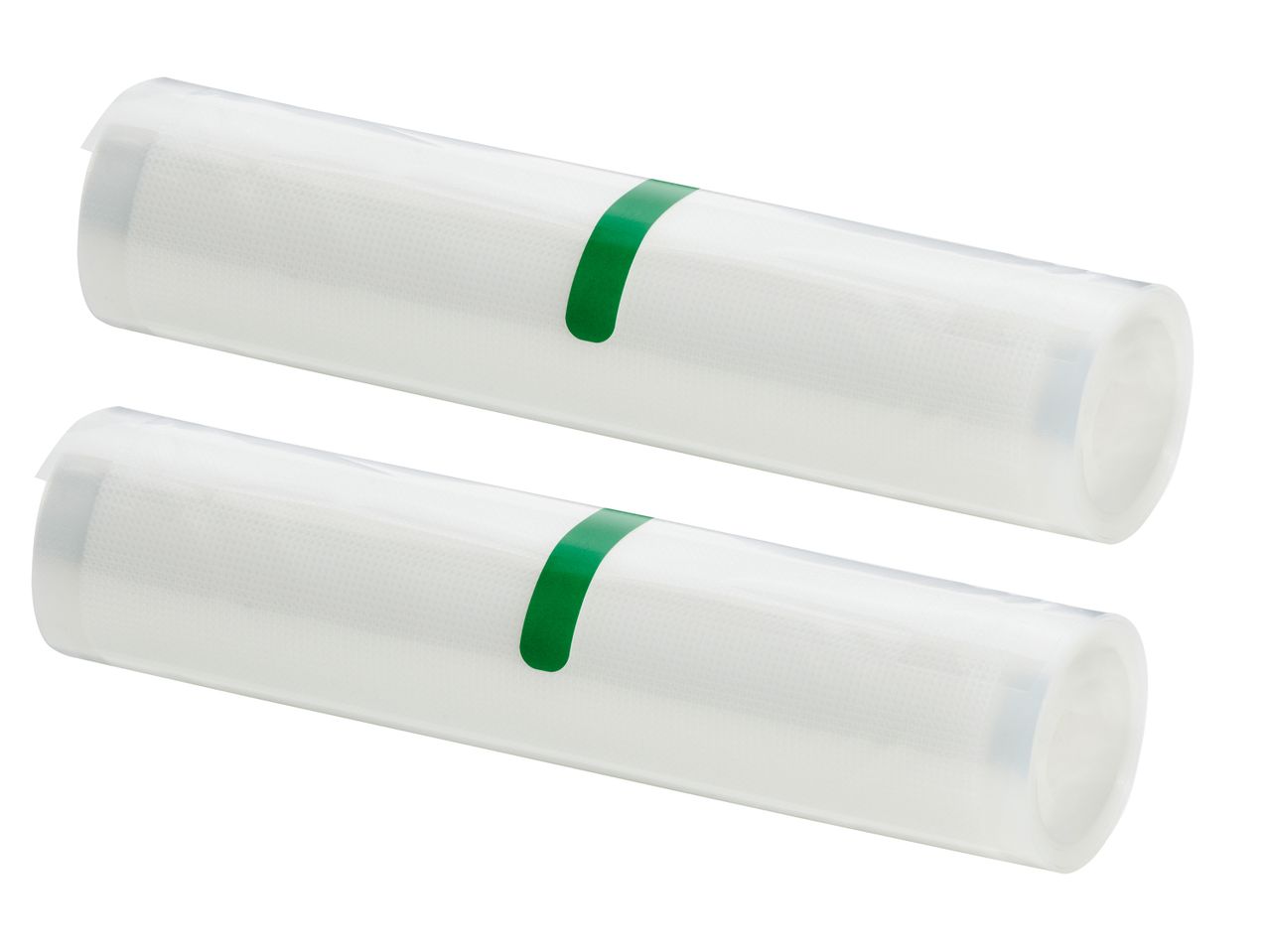 Two rolls of vacuum sealer bags with green labels.