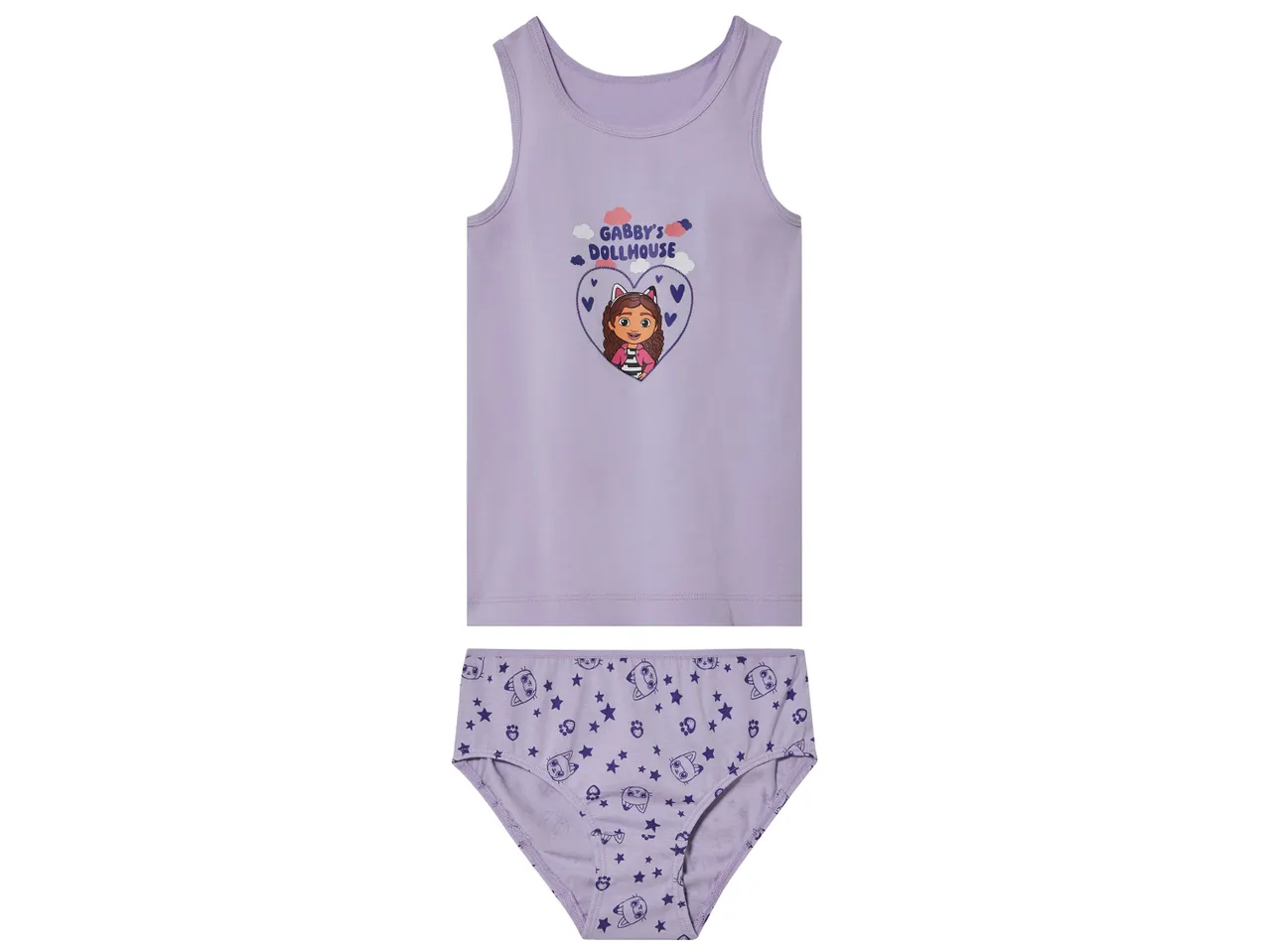 Комплект детско бельо Gabby's Dollhouse: лилав потник и бикини с щампи на котки и звезди.