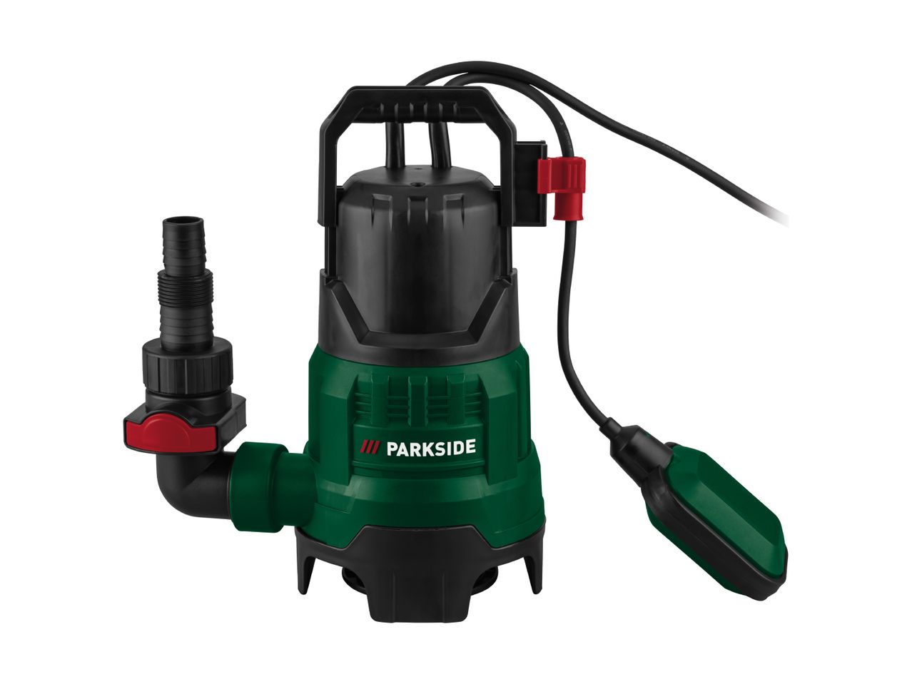 Green and black submersible pump with a float switch and hose connector.