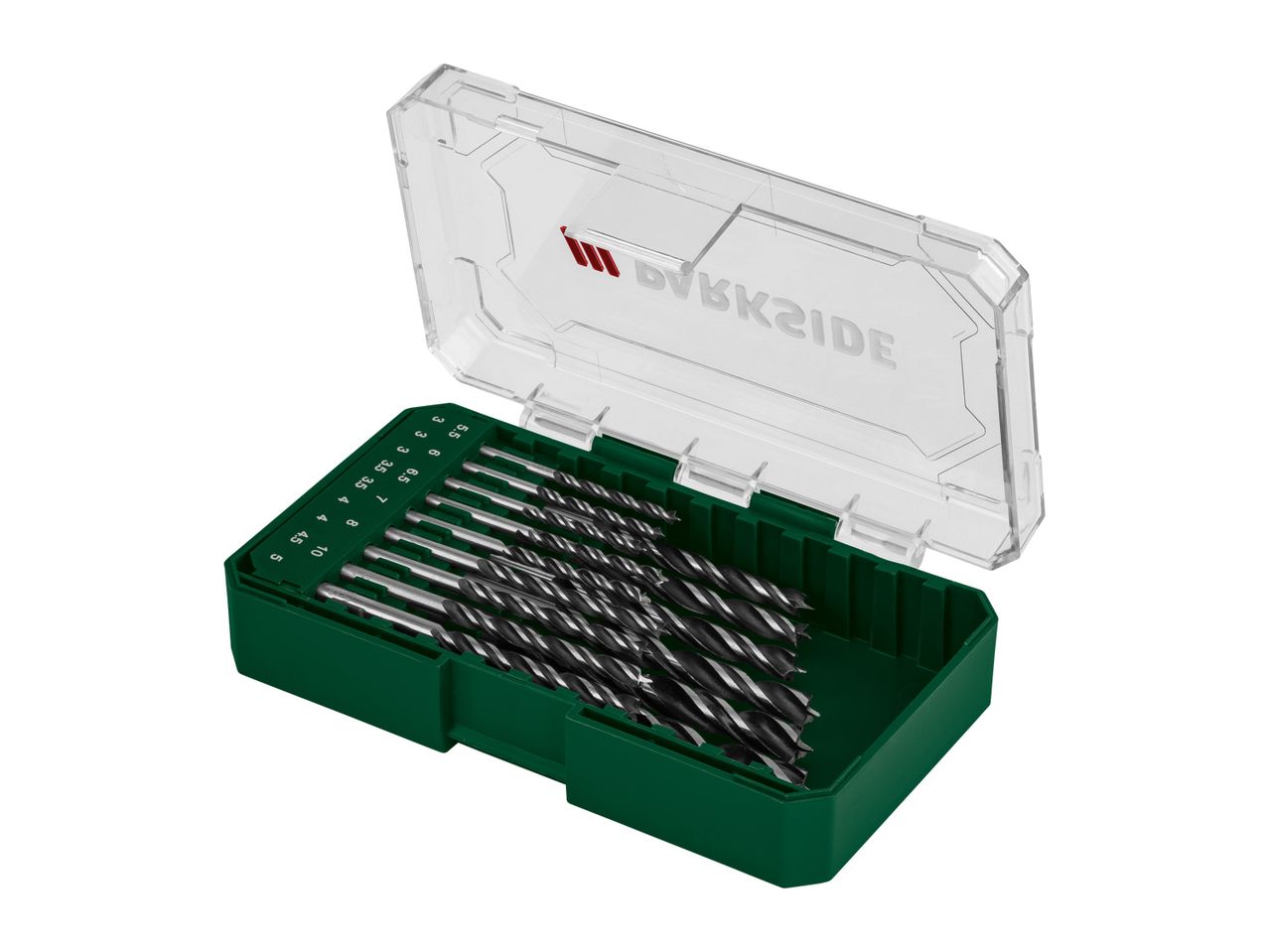 A green plastic case containing a set of drill bits.