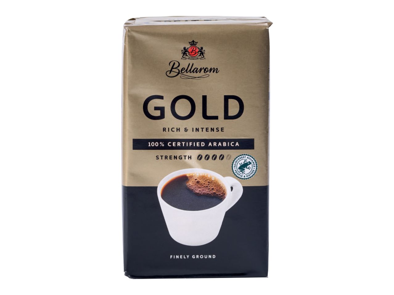 Bellarom Gold kafijas iepakojums ar kafijas tasi un informāciju par produktu.