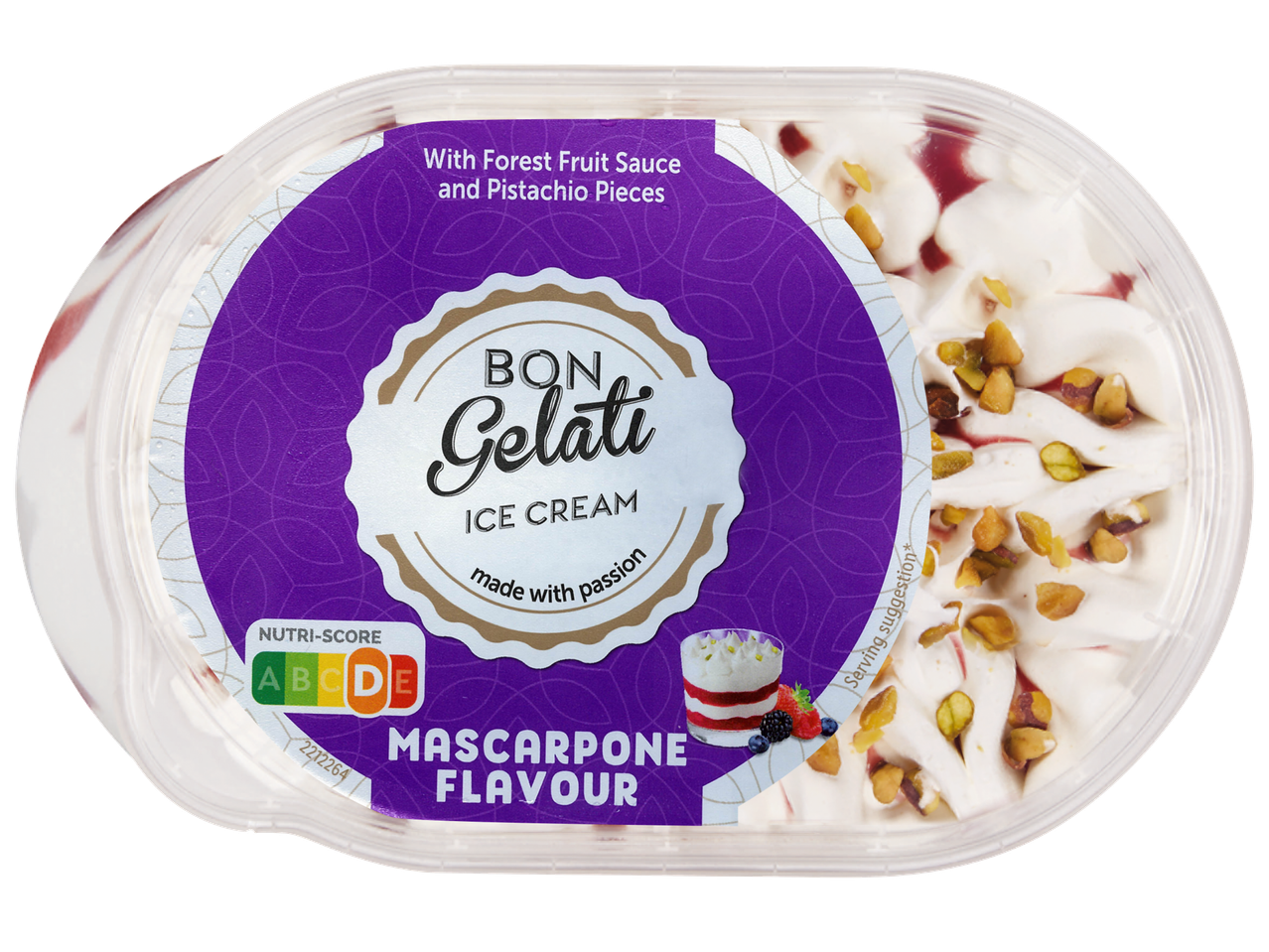 Сладолед с вкус на маскарпоне, горски плодове и шамфъстък, с Nutri-Score D