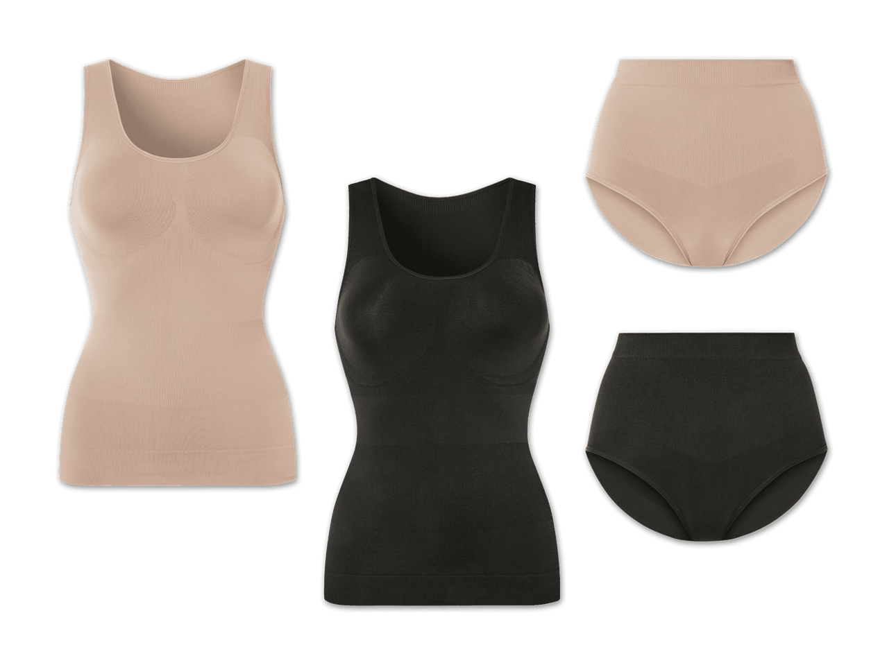 Beige und schwarze Shapewear: Tanktops und High-Waist-Höschen.