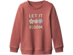 Uma camisola rosa de manga comprida com a frase 'LET IT BLOOM' e gráficos de flores.
