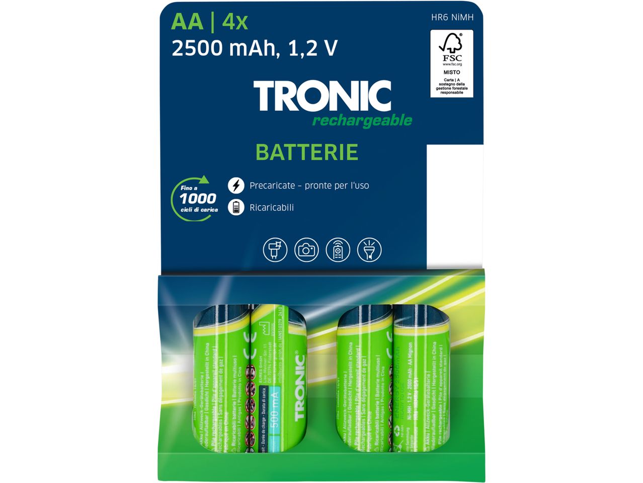 TRONIC rechargeable AA batteries (4 pack), 2500 mAh, 1.2V.