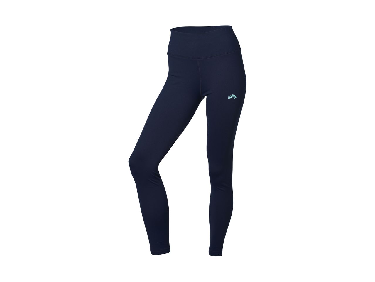 Dark blue women's leggings with a light blue logo on the left thigh.