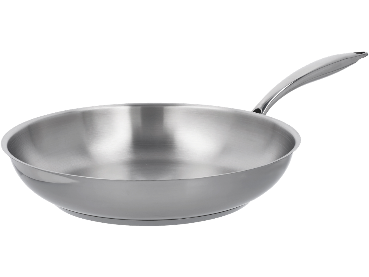 Stainless steel frying pan with a long handle, isolated on a black background.