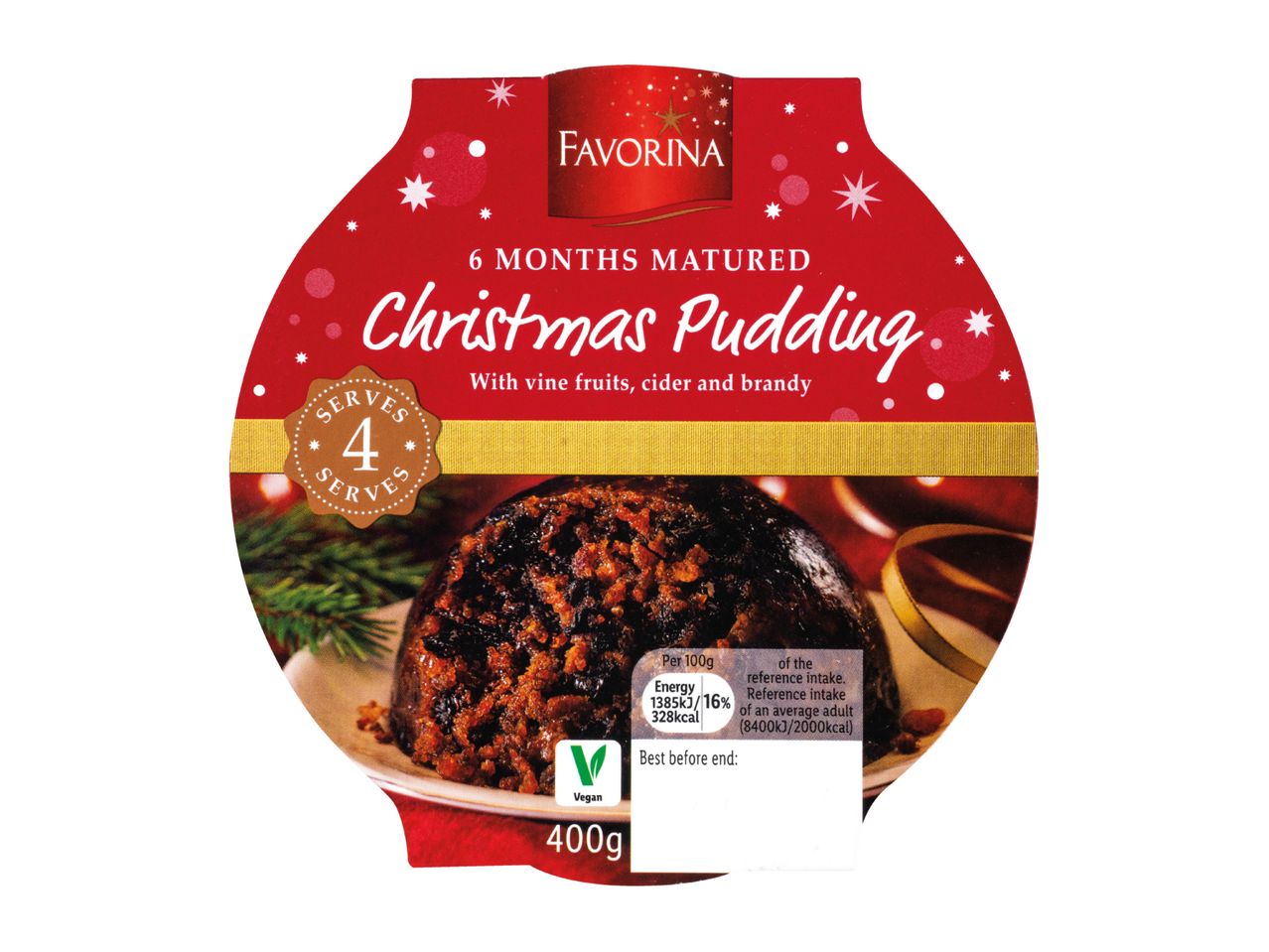 A 400g package of 6 months matured Christmas pudding with vine fruits, cider, and brandy.