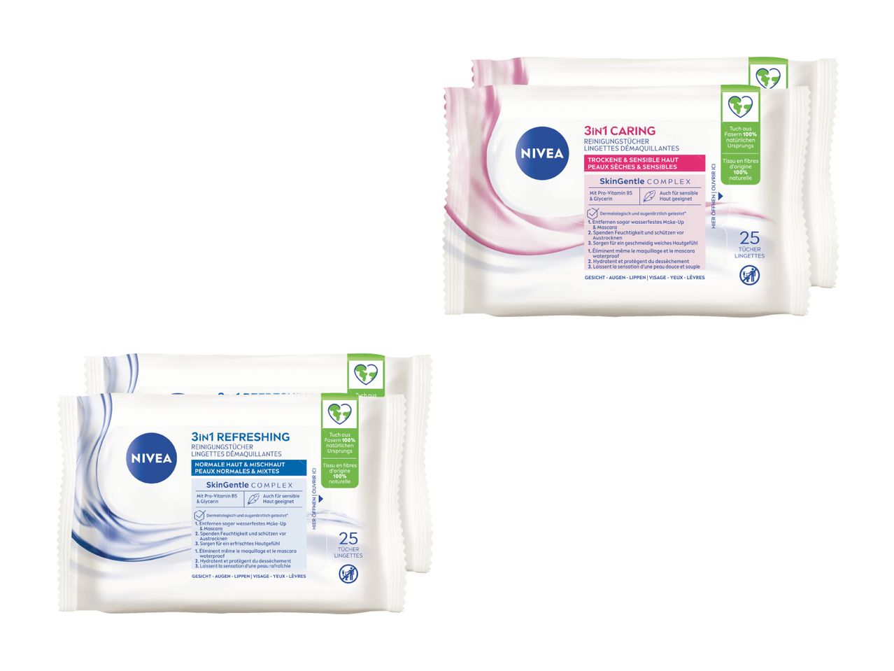 Zwei Packungen Nivea Abschminktücher, rosa und blau.