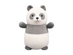 A soft, plush panda toy with white and grey fur, black eyes, and a friendly embroidered smile.