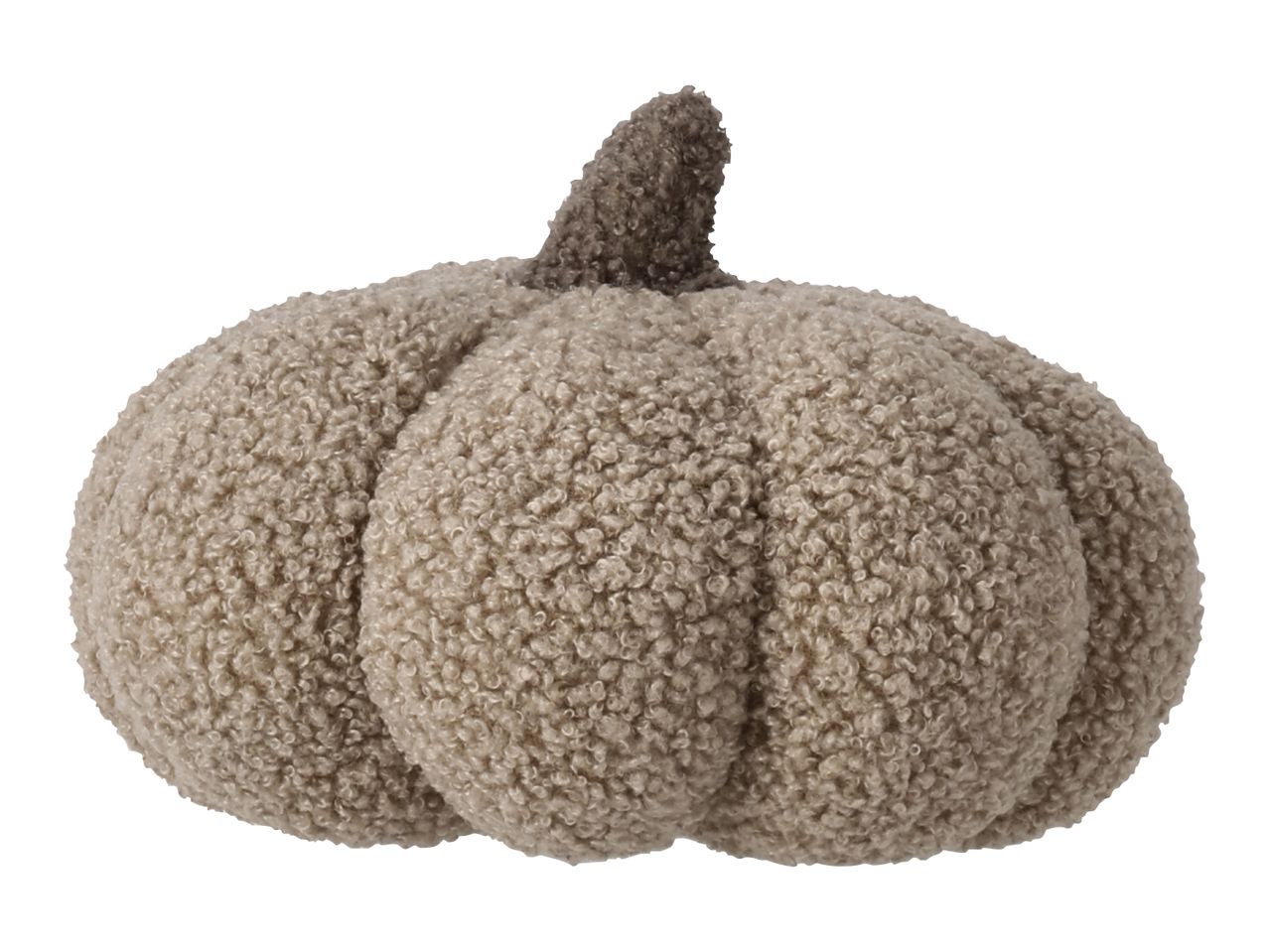 A plush, textured pumpkin decoration in a neutral beige color with a dark brown stem.