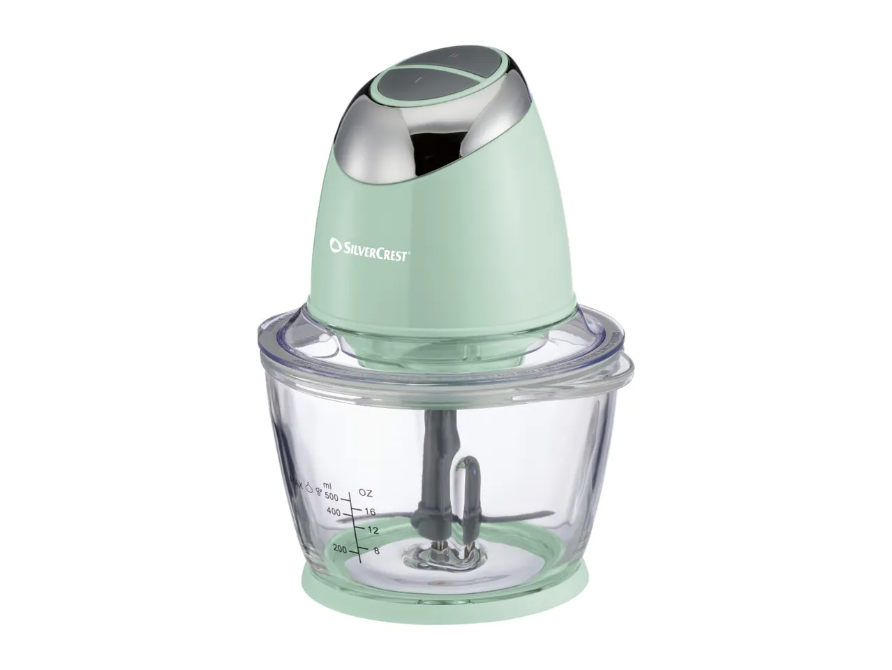 SilverCrest food chopper with a light green base and motor unit