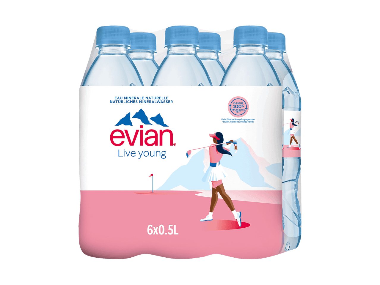 Packung mit 6 Flaschen natürlichem Mineralwasser (0,5L) mit Golfspielerin und Bergen.