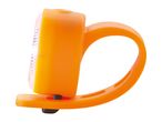 An orange silicone bike light is shown in profile view.