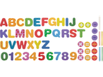 Colorful magnetic letters, numbers, and math symbols for a kids' wooden easel.
