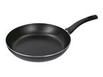 Black frying pan with a non-stick coating and a black handle.