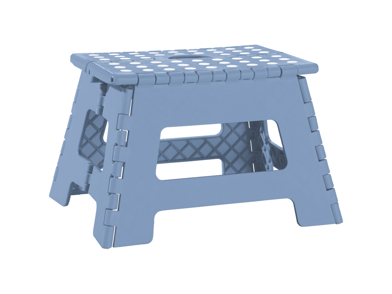 Heledasinine plastmassist kokkupandav taburet, mille istmel on valged täpid.