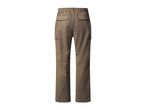 Back view of brown cargo pants with an elastic waistband and multiple pockets.