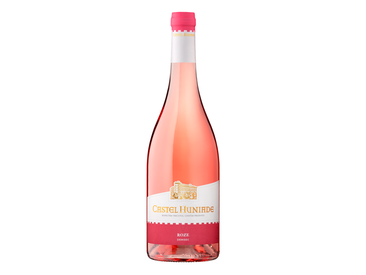 O sticlă de vin Castel Huniade Rosé Demisec.