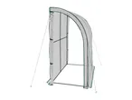 Lean-to greenhouse with a white mesh cover and green trim