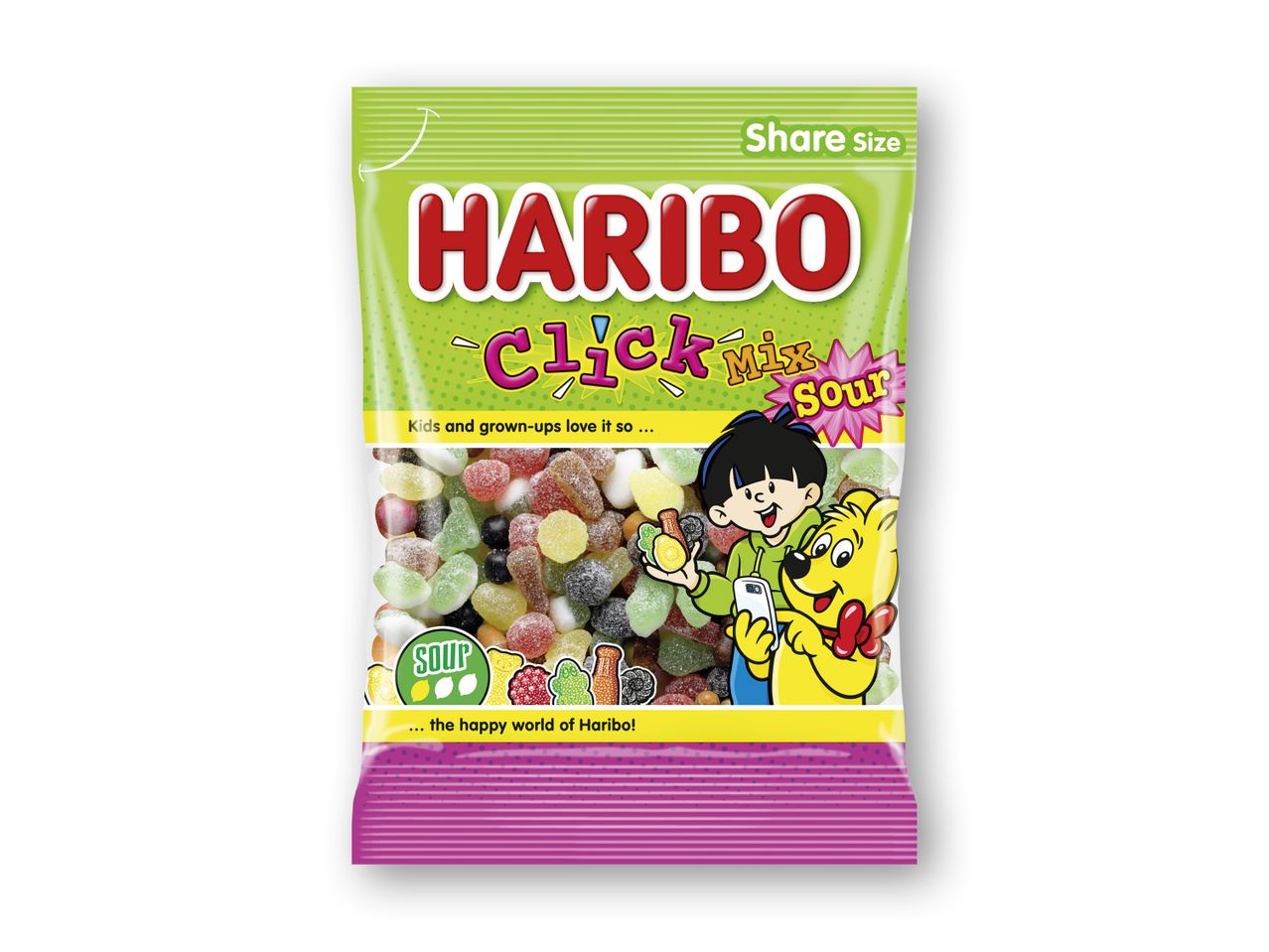 En pose Haribo Click Mix Sour slik med børn og en bjørn på.