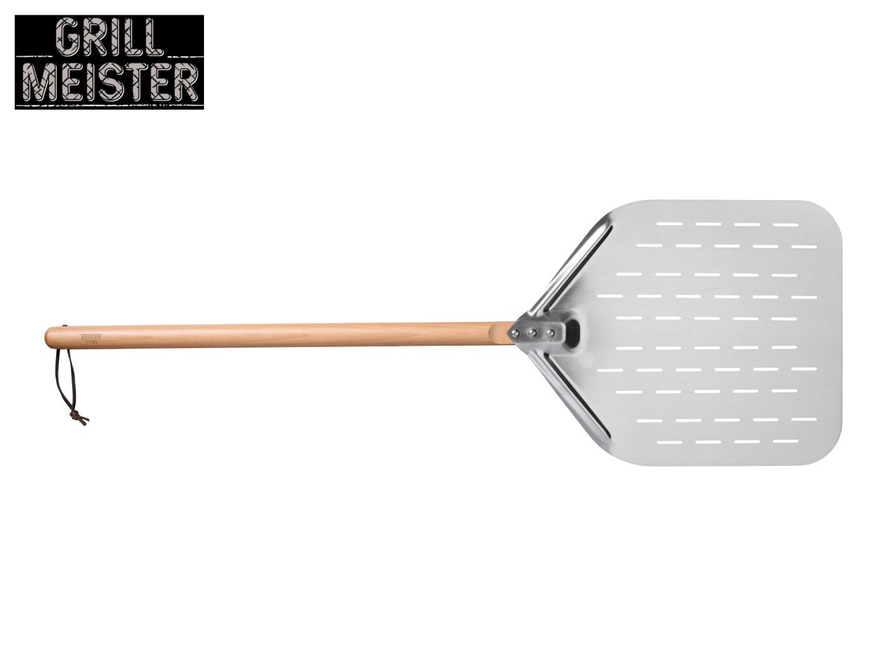 Pizza peel with a wooden handle and a perforated metal head.