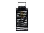 Black metal lantern with glass shade and solar panel.