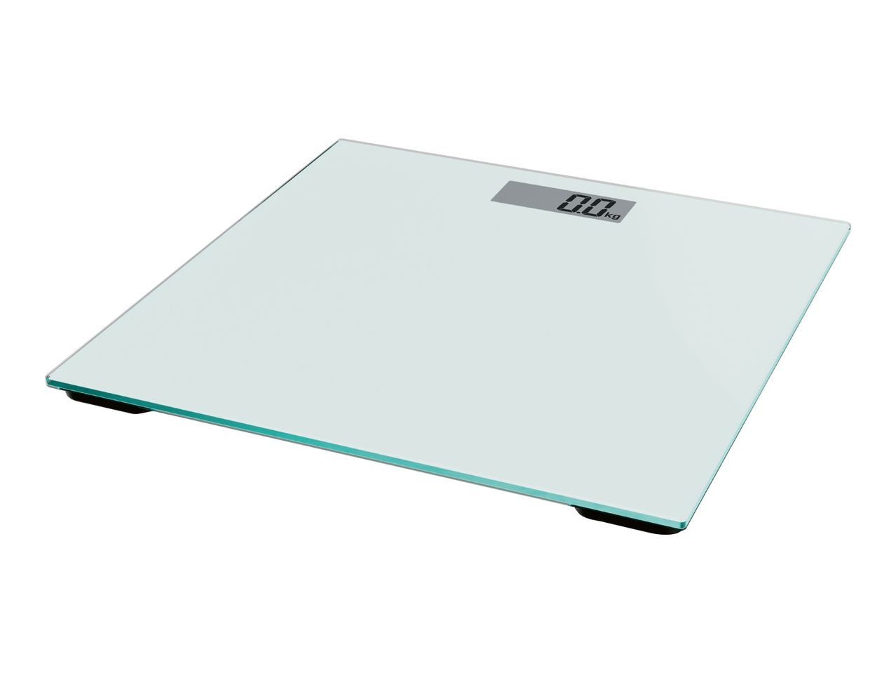 Digital bathroom scale with a clear glass platform displaying '0.0 kg'.