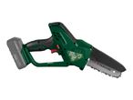 Cordless mini chainsaw with battery attached, shown against a white background.