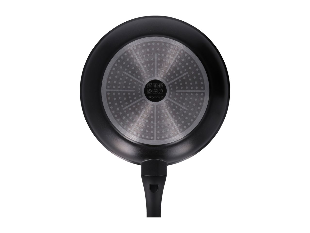 Bottom of a black frying pan with a textured silver base and a black handle.