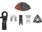 Parkside oscillating tool accessories: sanding sheets, scraper, saw blades, and dust extraction adapter.