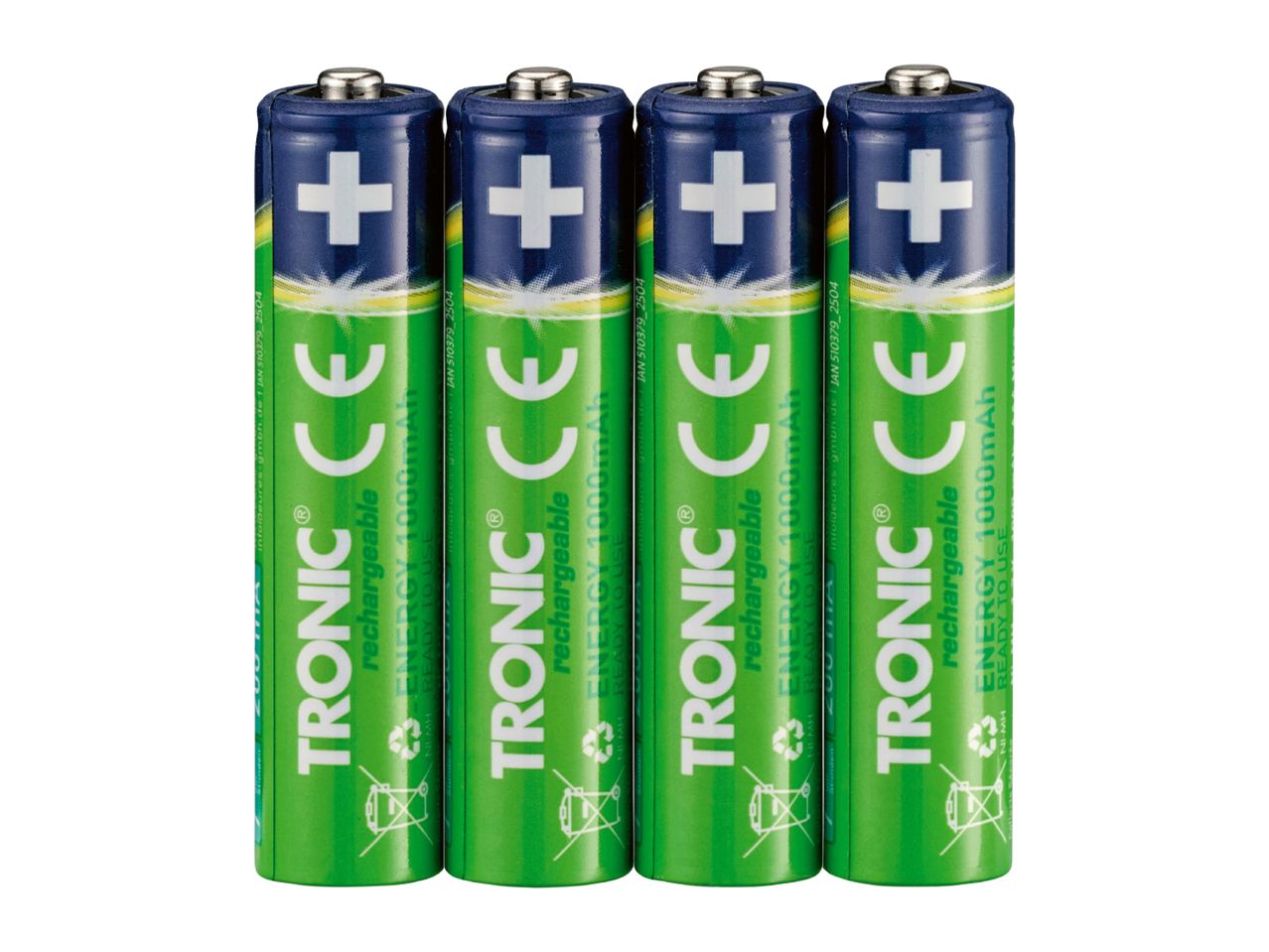 Four rechargeable batteries, 1000mAh, ready to use, with a green and blue design.