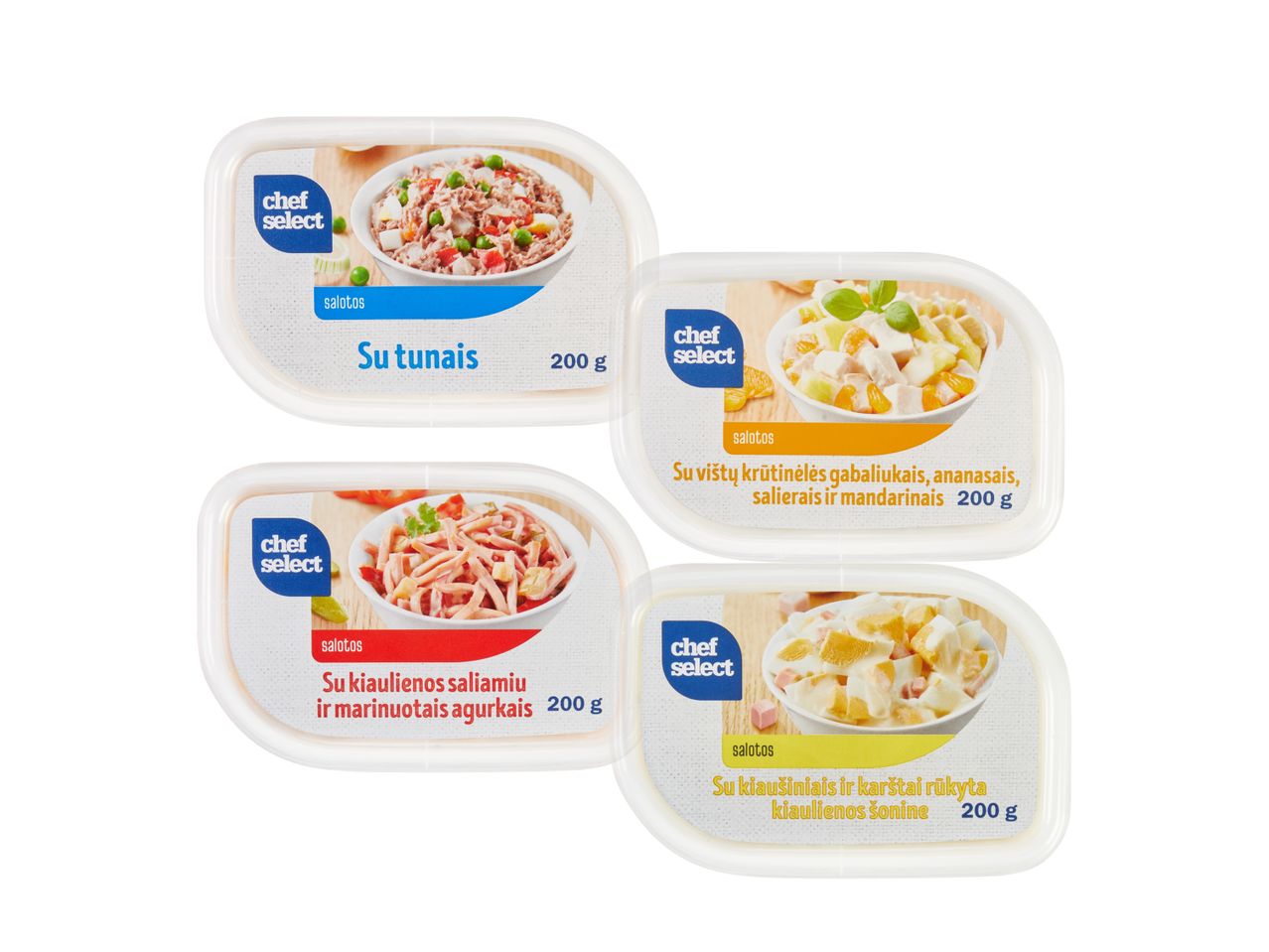 Keturios „Chef Select“ prekės ženklo salotos: su tunu, vištiena, kiaulienos salami ir kiaušiniais bei šonine.
