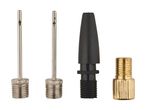 Set of four pump adapters for inflating balls, tires, and other inflatables.