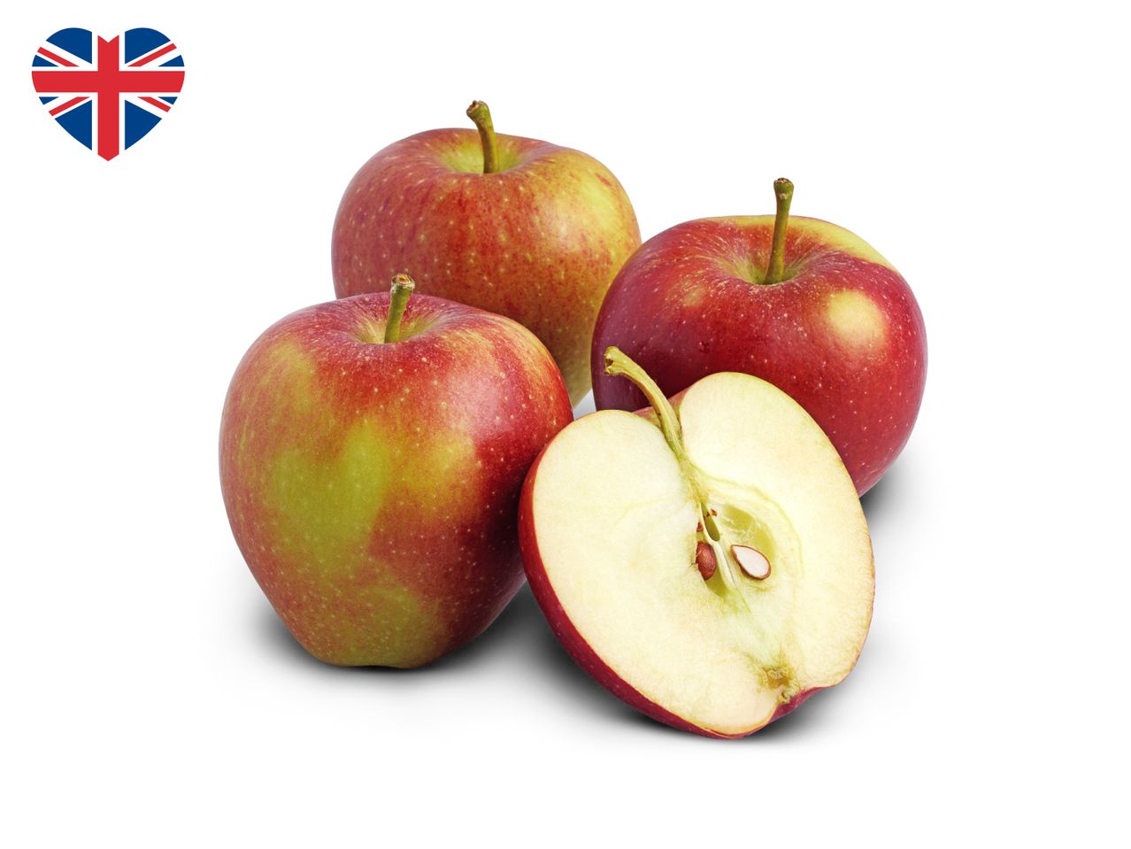 Four red and green apples, one cut in half, with a heart-shaped UK flag.