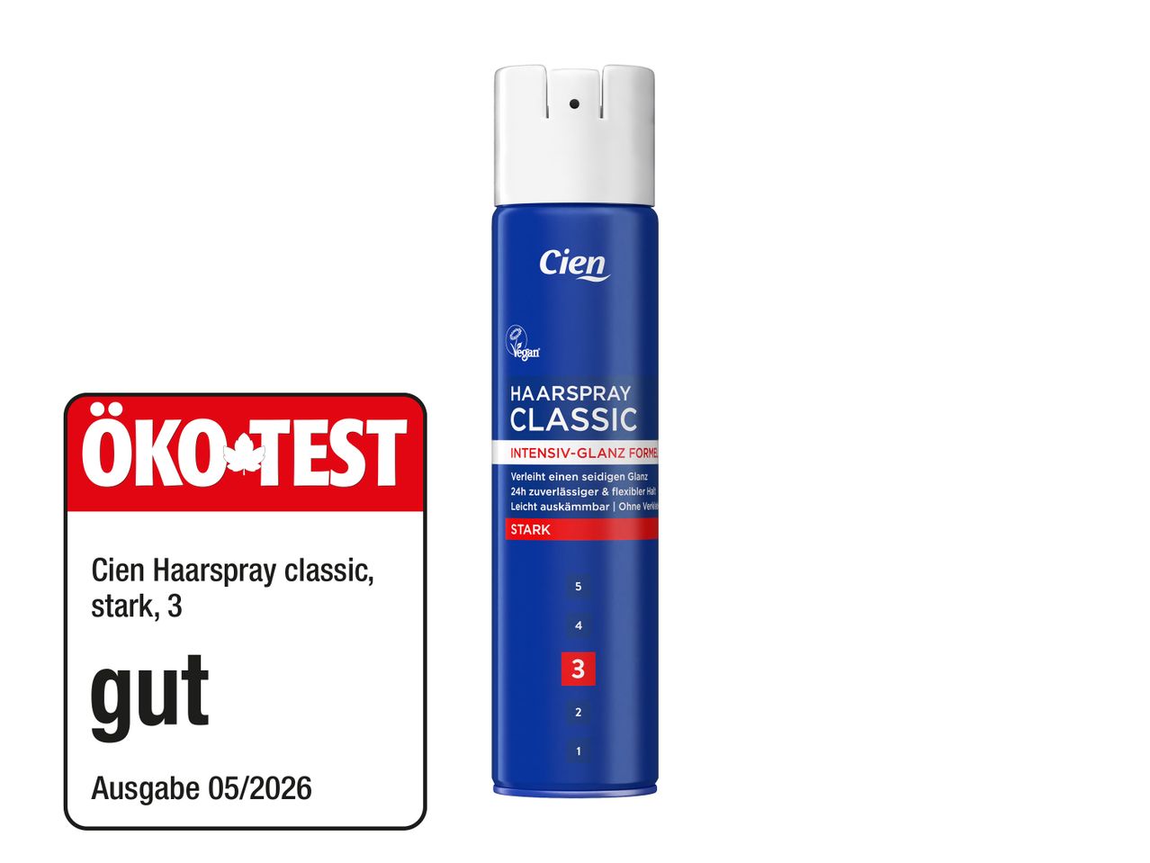 Haarspray mit „gut“ bewertet, vegan, starker Halt, Glanzformel.