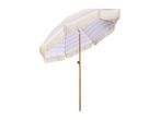 Striped beach umbrella with fringe and wooden pole.