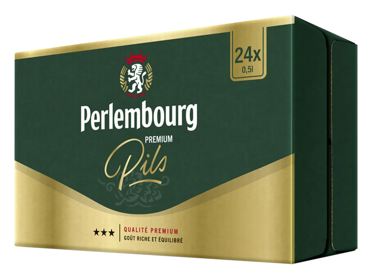 Caisse de 24 bières pils premium de 0,5 litre, goût riche et équilibré.