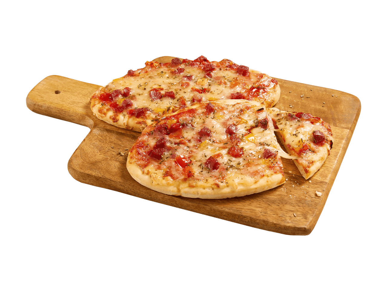 Zwei Mini-Pizzen mit Salami und Käse auf einem Holzschneidebrett.