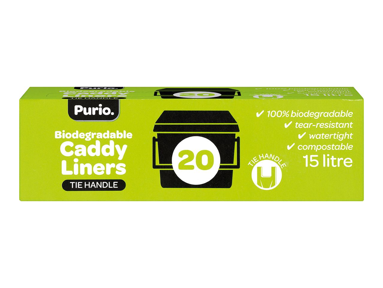 Purio biodegradable caddy liners, 20 count, 15 litre.