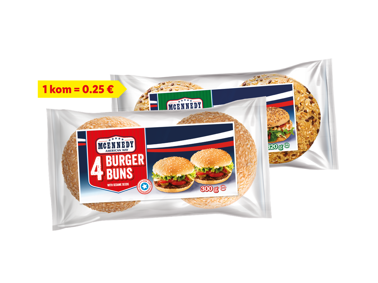 Pakiranja peciva za hamburgere sa sezamom i sjemenkama, s cijenom od 0,25 € po komadu.