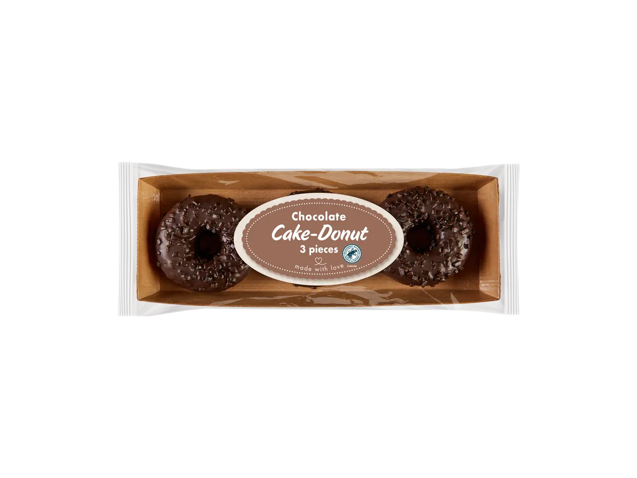 Chocolade cakedonuts, 3 stuks, in een doorzichtige verpakking met een bruin etiket.