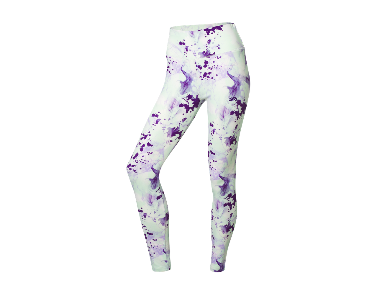 Women's sports leggings with an abstract purple and white pattern.